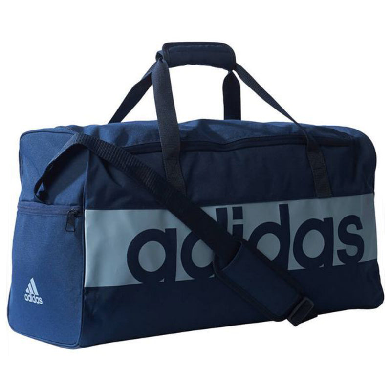 Sac de sport Adidas bleu marine avec logo et anses, poche latérale zippée.