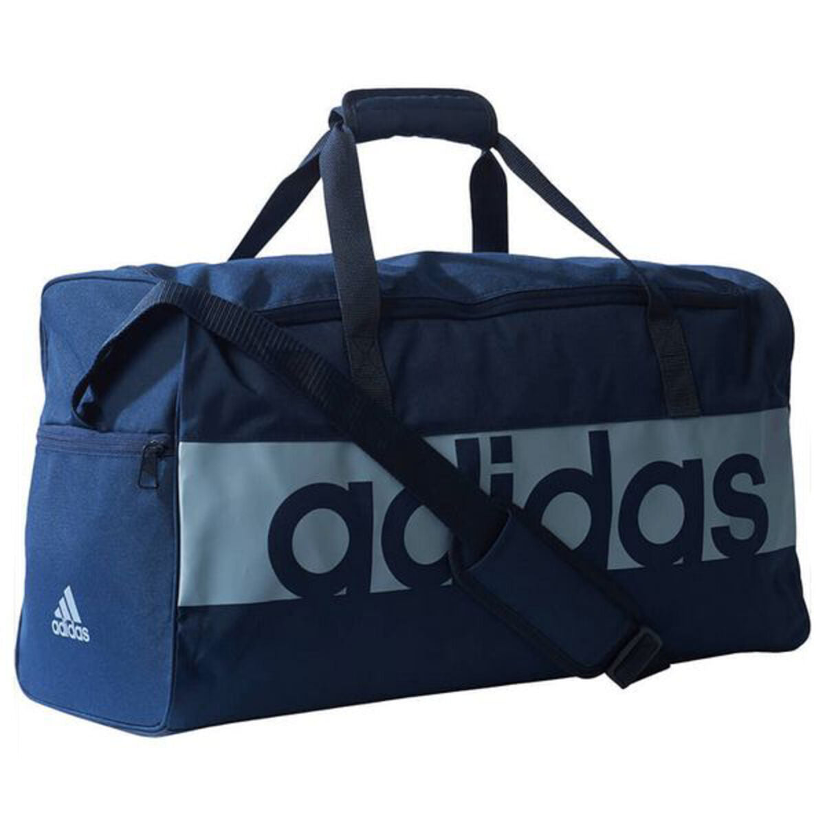 Sac de sport Adidas bleu, bandoulière croisée, logo blanc partiellement visible.