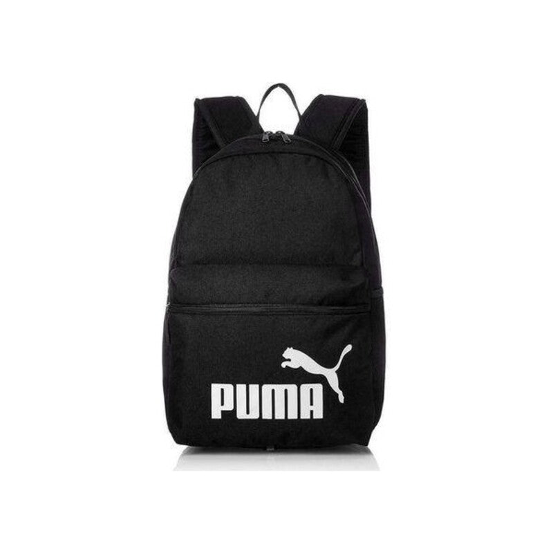 Sac à dos de sport noir, logo chat blanc et inscription Puma sur l’avant.