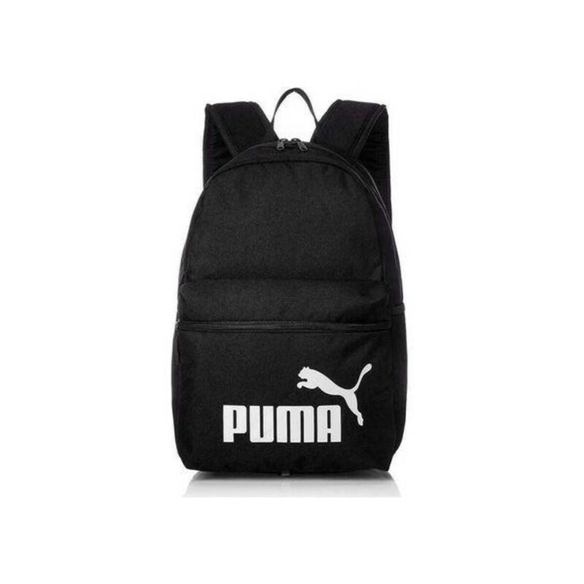Sac à dos de sport noir, logo chat et Puma sur la poche avant, vue de face.