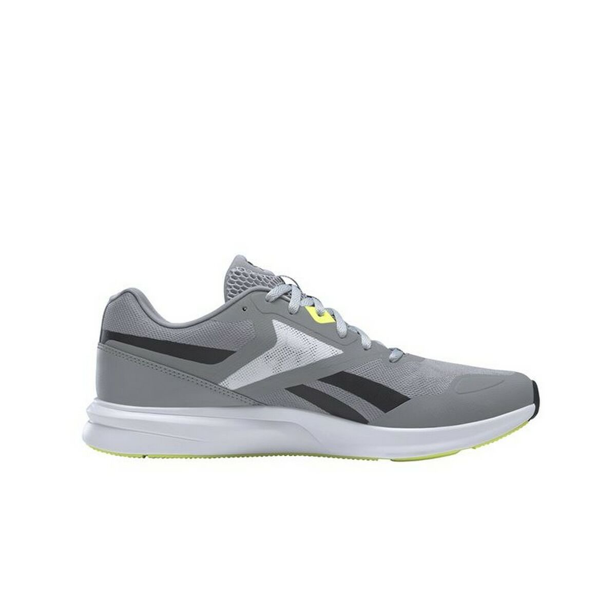 Chaussure de running Reebok grise, vue avant, lacets et semelle blanche