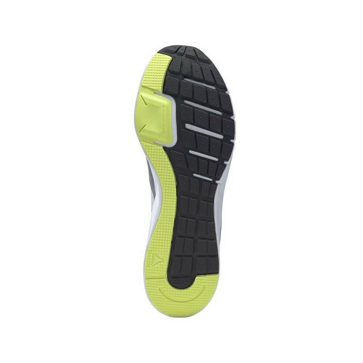Semelle extérieure noire avec crampons, bord vert fluo et zone blanche