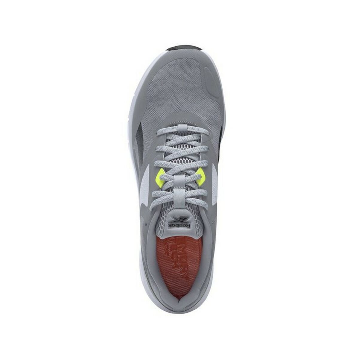 Chaussure de running grise vue de dessus, lacets gris, intérieur rouge-brun