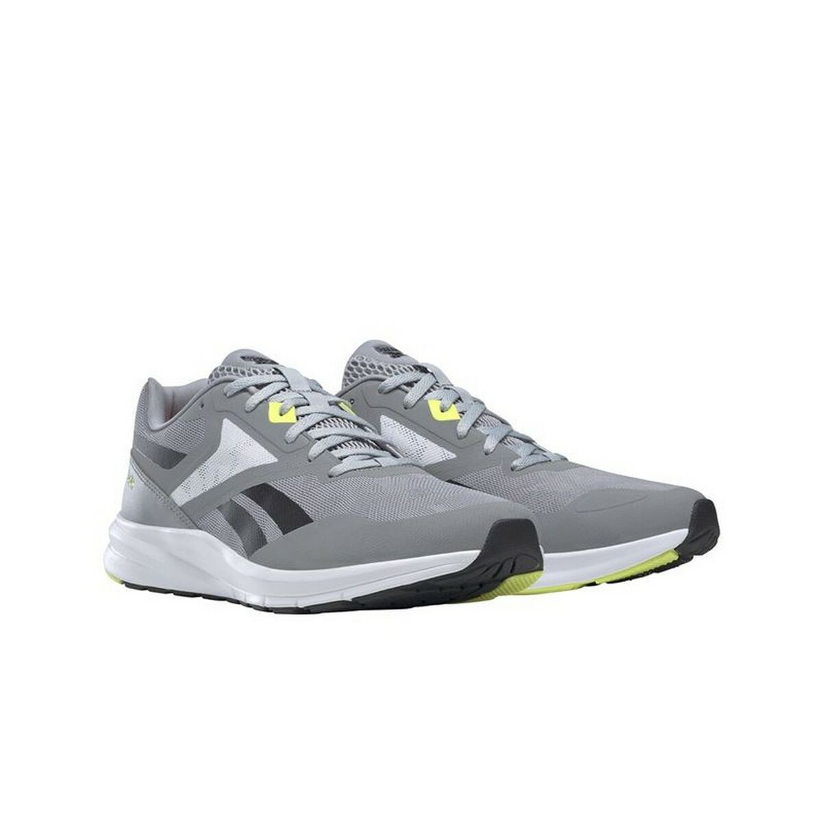 Chaussures de running Reebok grises à lacets, accents verts, semelle blanche