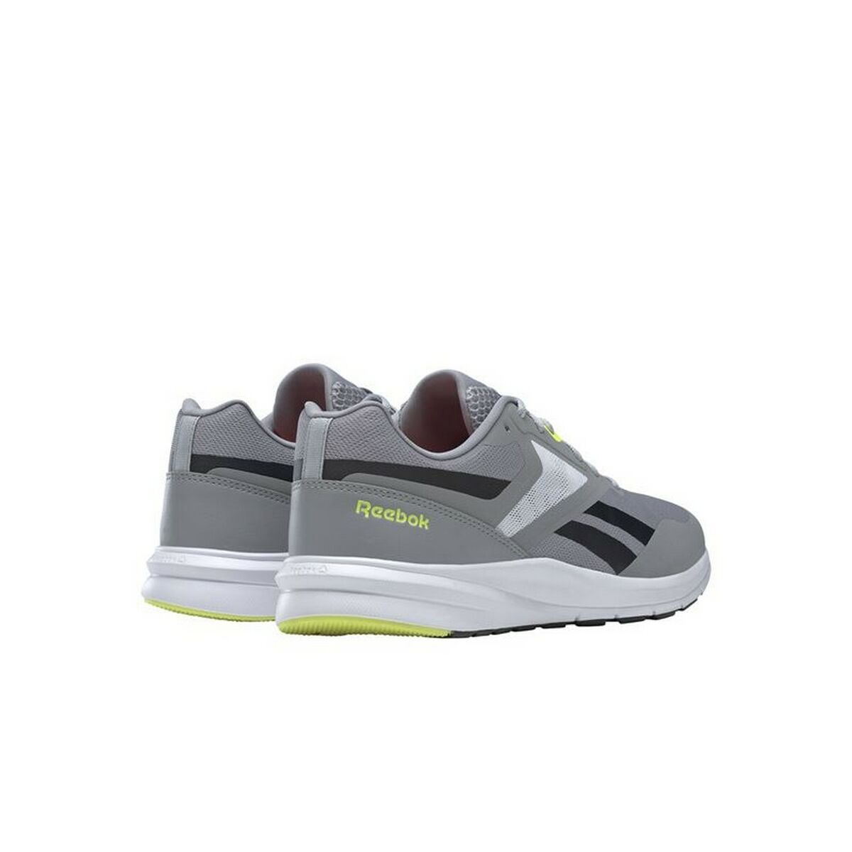 Chaussure de running Reebok grise, vue arrière, semelle blanche et accents verts