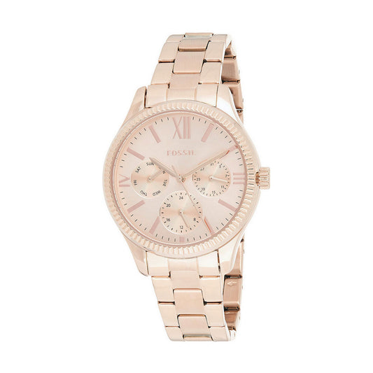Montre femme Fossil en acier doré rose, cadran rose clair et trois sous-cadrans