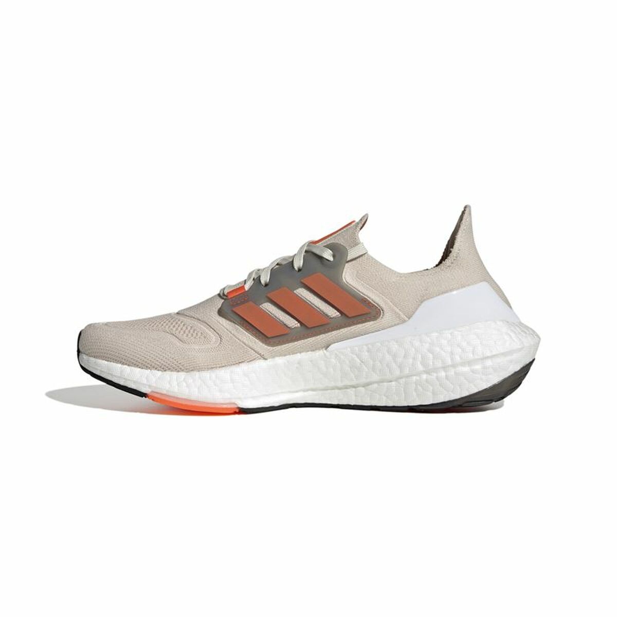 Chaussure Adidas Ultraboost 22 beige, bandes d’appui rouges, semelle foncée