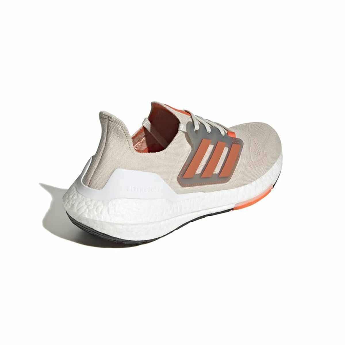 Chaussure de running Adidas Ultraboost 22 beige, talon et amorti, semelle blanche à liseré orange