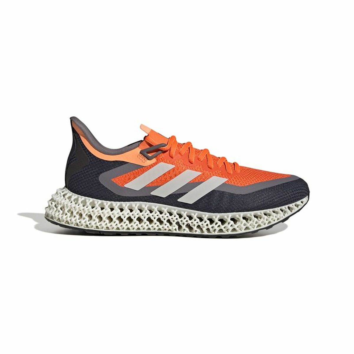 Chaussure de running Adidas homme, tige orange et bleu foncé, semelle amortissante texturée.