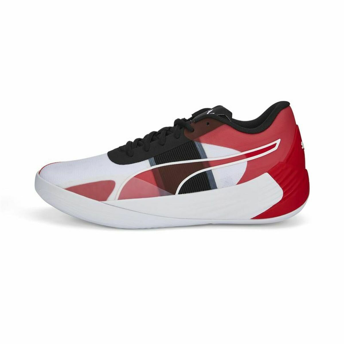 Chaussure de basketball Puma Fusion Nitro Team blanche et rouge, profil complet, lacets noirs