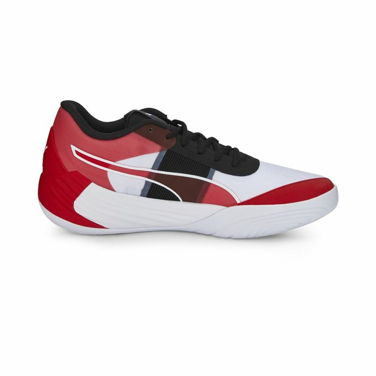 Chaussures de basketball Puma Fusion Nitro rouges et blanches, lacets noirs