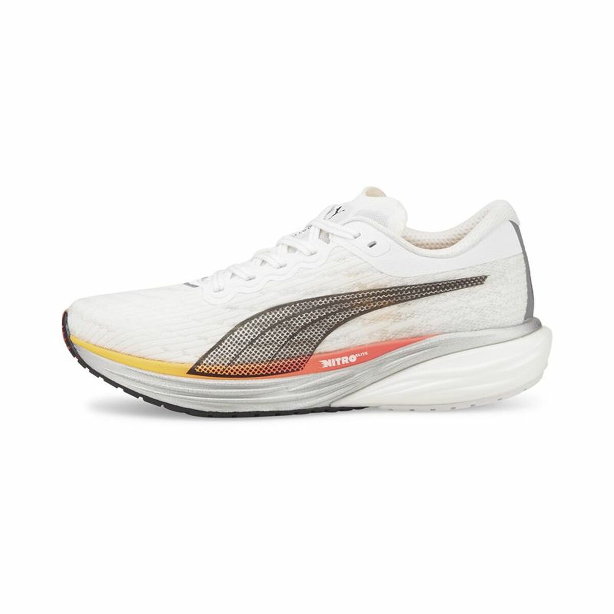 Chaussure de running Puma Deviate Nitro blanche, bande grise, orange et liseré jaune