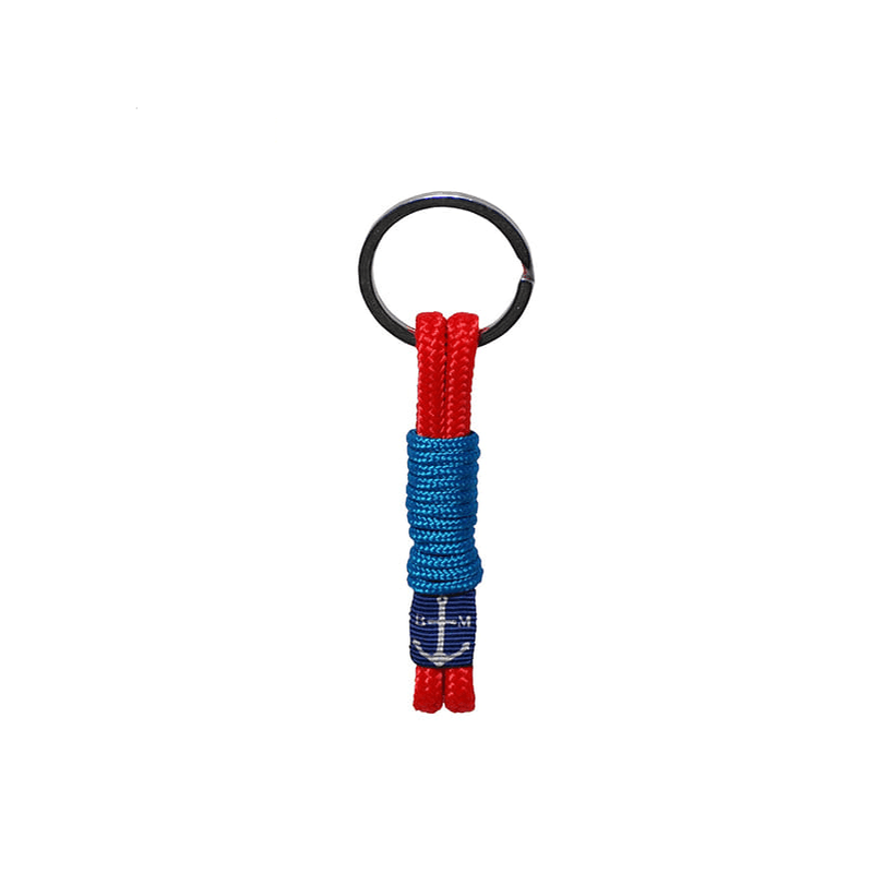Porte-clés Padraig en corde tressée rouge et bleu avec anneau noir