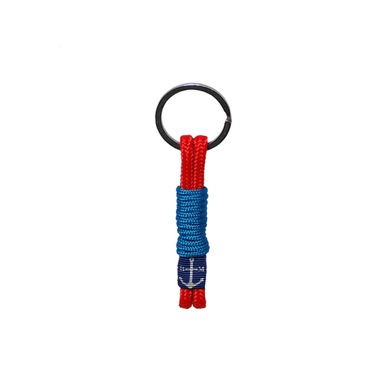 Porte-clés Padraig en corde tressée rouge et bleu avec anneau noir