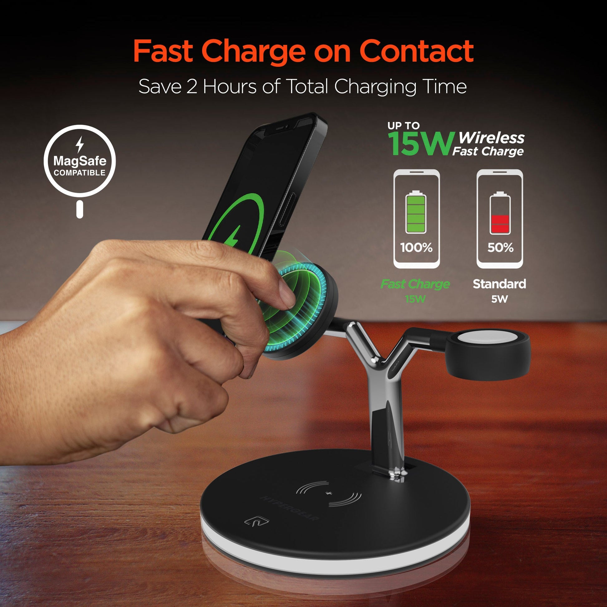 Station de charge 3-en-1 noire: smartphone en charge et support montre sur base ronde.