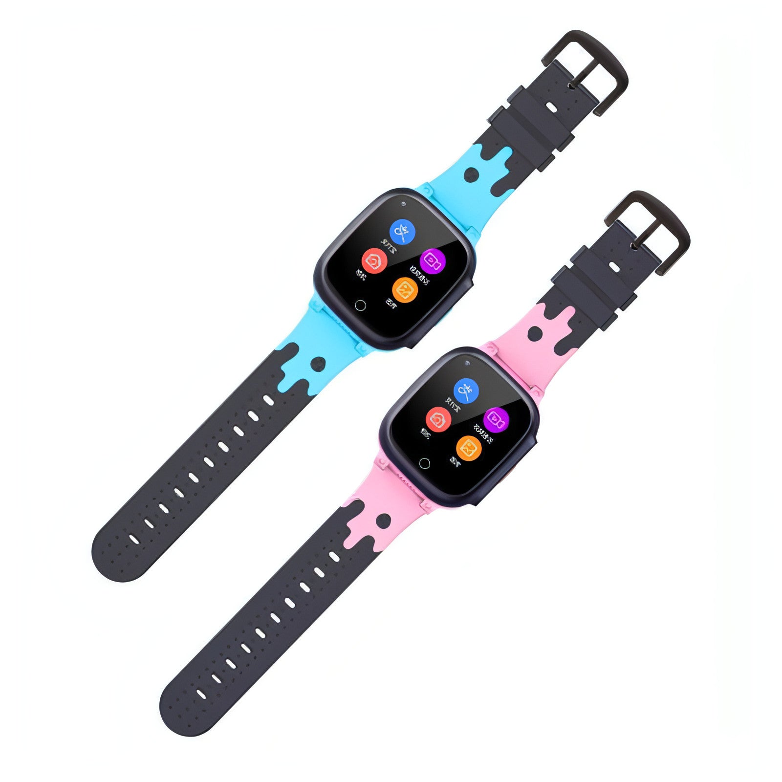 Lot de deux montres connectées pour téléphone, bracelets bleu et rose, écran noir