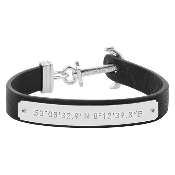 Bracelet homme Paul Hewitt en cuir noir, plaque acier gravée de coordonnées