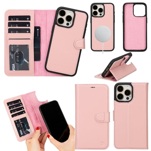 Coque portefeuille en cuir rose pour téléphone, rabat avec motif et fentes pour cartes.