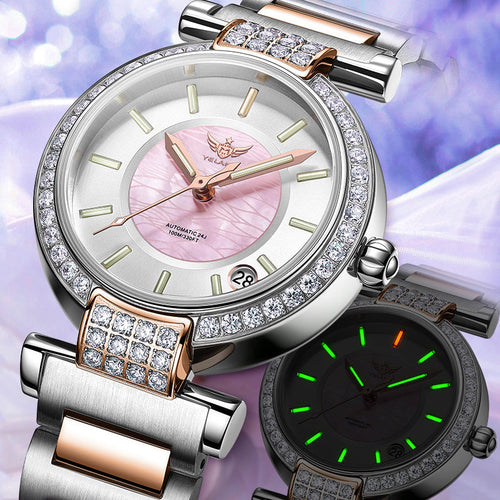 Montre femme Hemys cadran rose serti, lunette pierres; cadran noir LED.