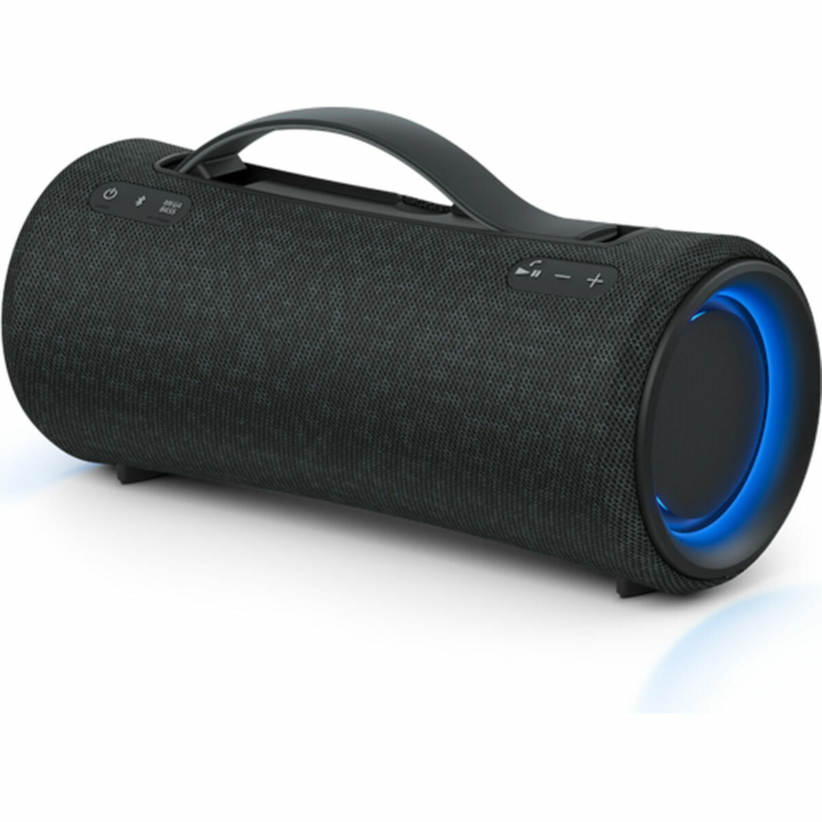 Enceinte Bluetooth portable Sony noire, vue en biais avec boutons sur le dessus