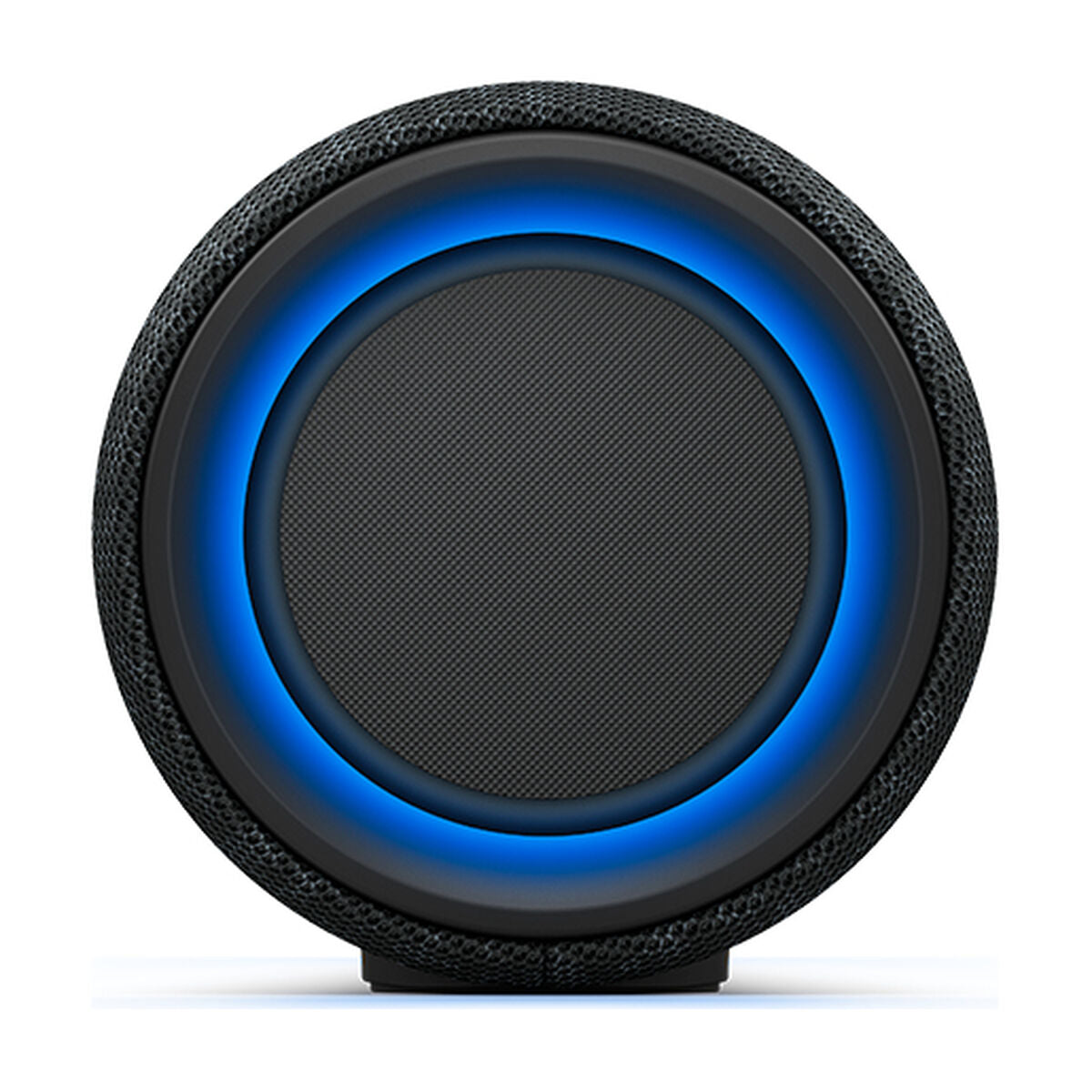 Enceinte Bluetooth portable Sony noire, grille du haut-parleur circulaire et anneau LED bleu
