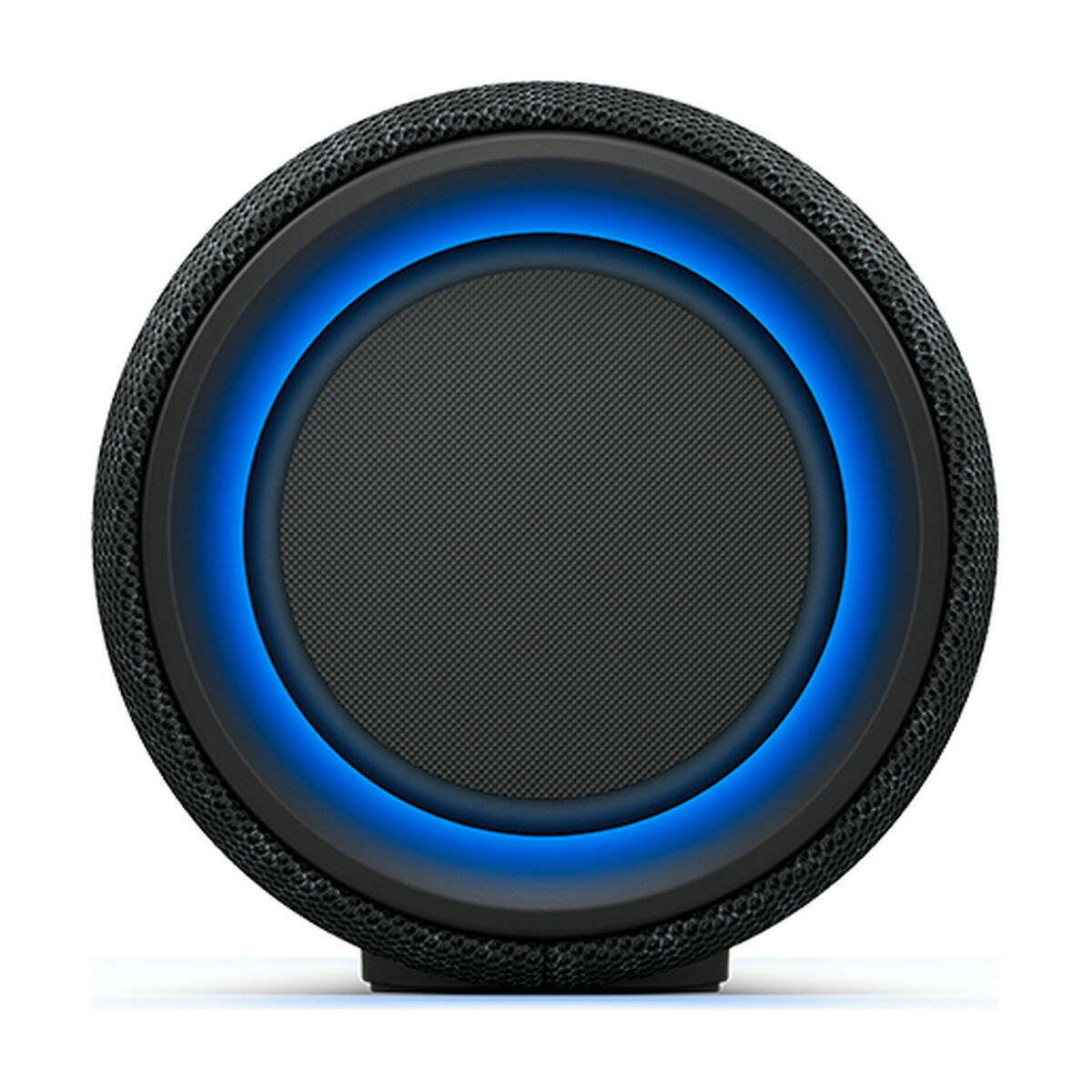 Enceinte Bluetooth portable Sony noire, gros plan sur la grille et l’anneau lumineux bleu