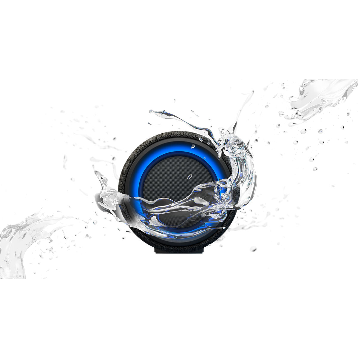 Enceinte Bluetooth portable Sony noire entourée d’eau, haut-parleur avec anneau LED bleu