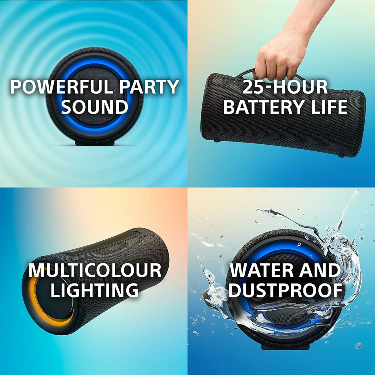 Enceinte Bluetooth portable Sony noire, aperçu du haut avec poignée et anneau LED bleu