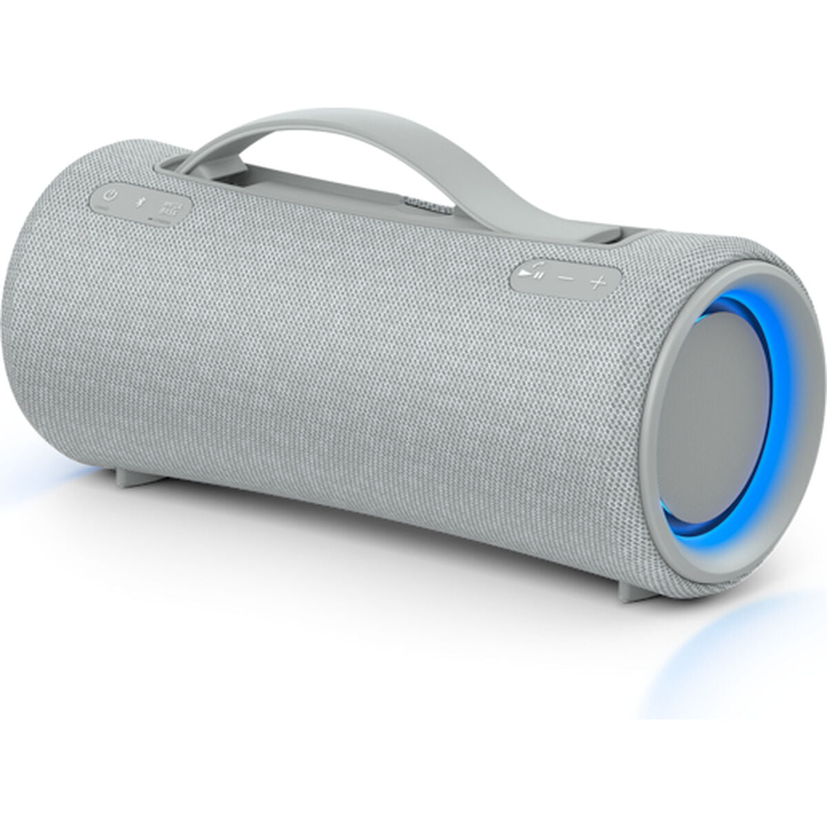Enceinte Bluetooth portable Sony grise avec poignée et anneau lumineux bleu.
