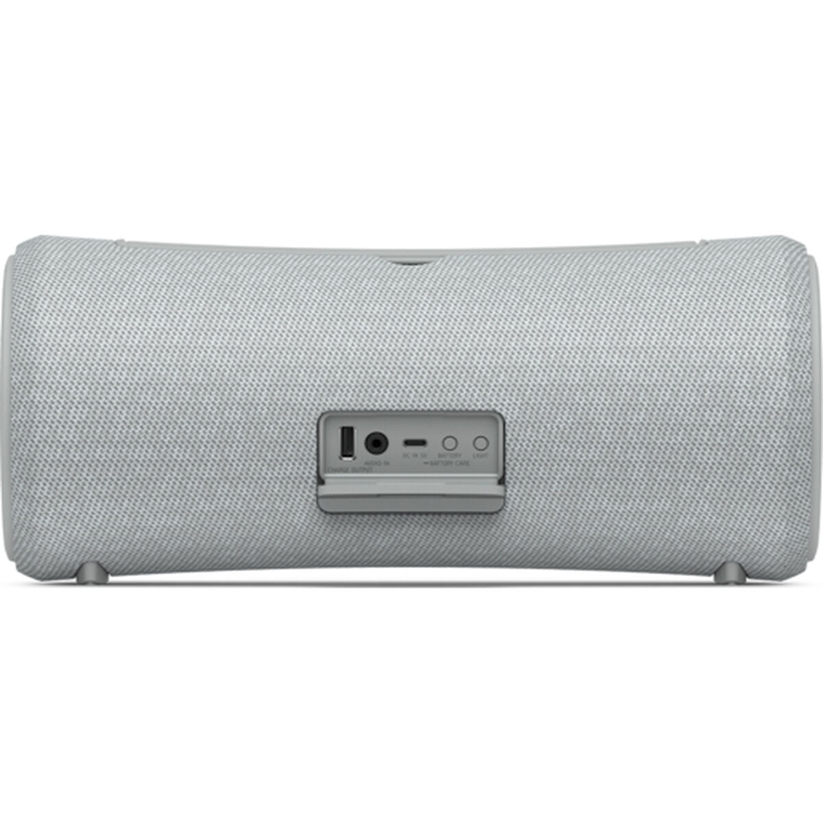 Enceinte Bluetooth portable Sony grise avec panneau arrière de connexions.
