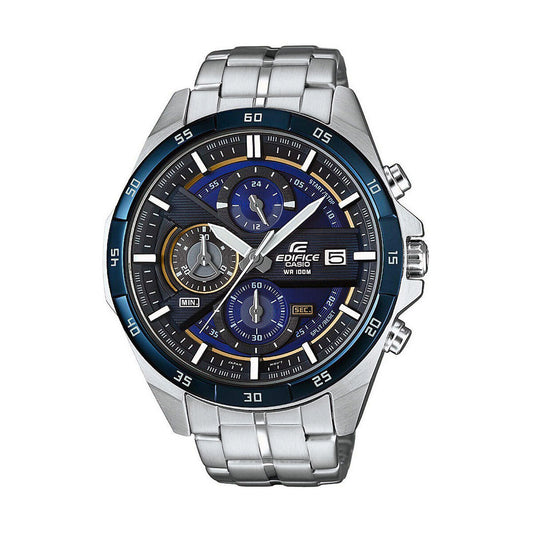 Montre Casio Edifice à bracelet acier, cadran bleu avec compteurs et tachymètre.