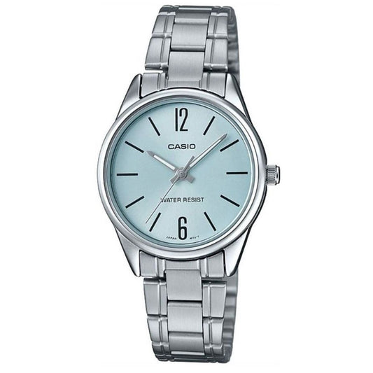 Montre pour femme Casio COLLECTION Ø 34 mm, bracelet acier et cadran bleu clair.