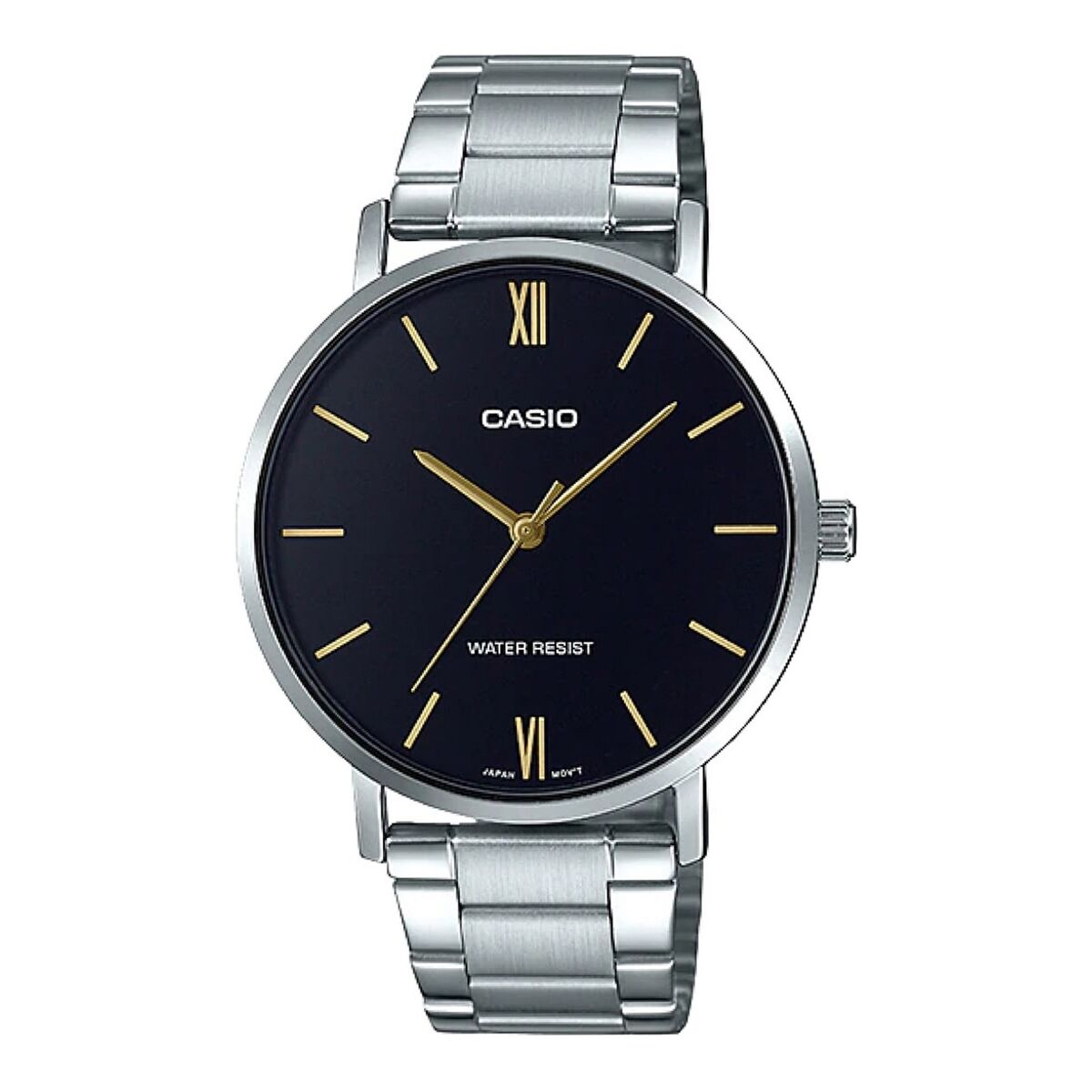 Montre-bracelet Casio cadran bleu marine, bracelet acier, index et aiguilles dorés.
