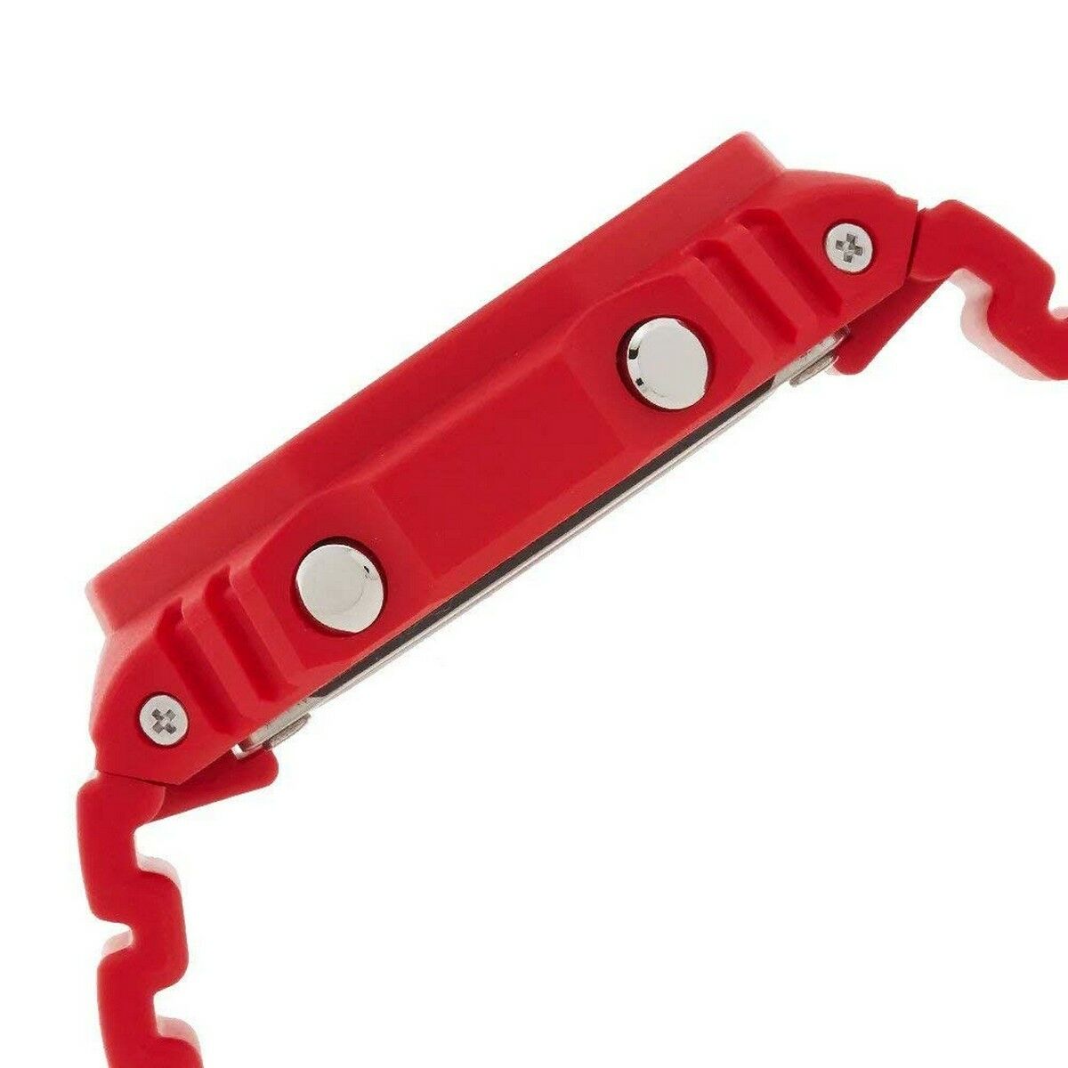 Montre-bracelet à boîtier rouge, cadran non visible, boutons latéraux visibles