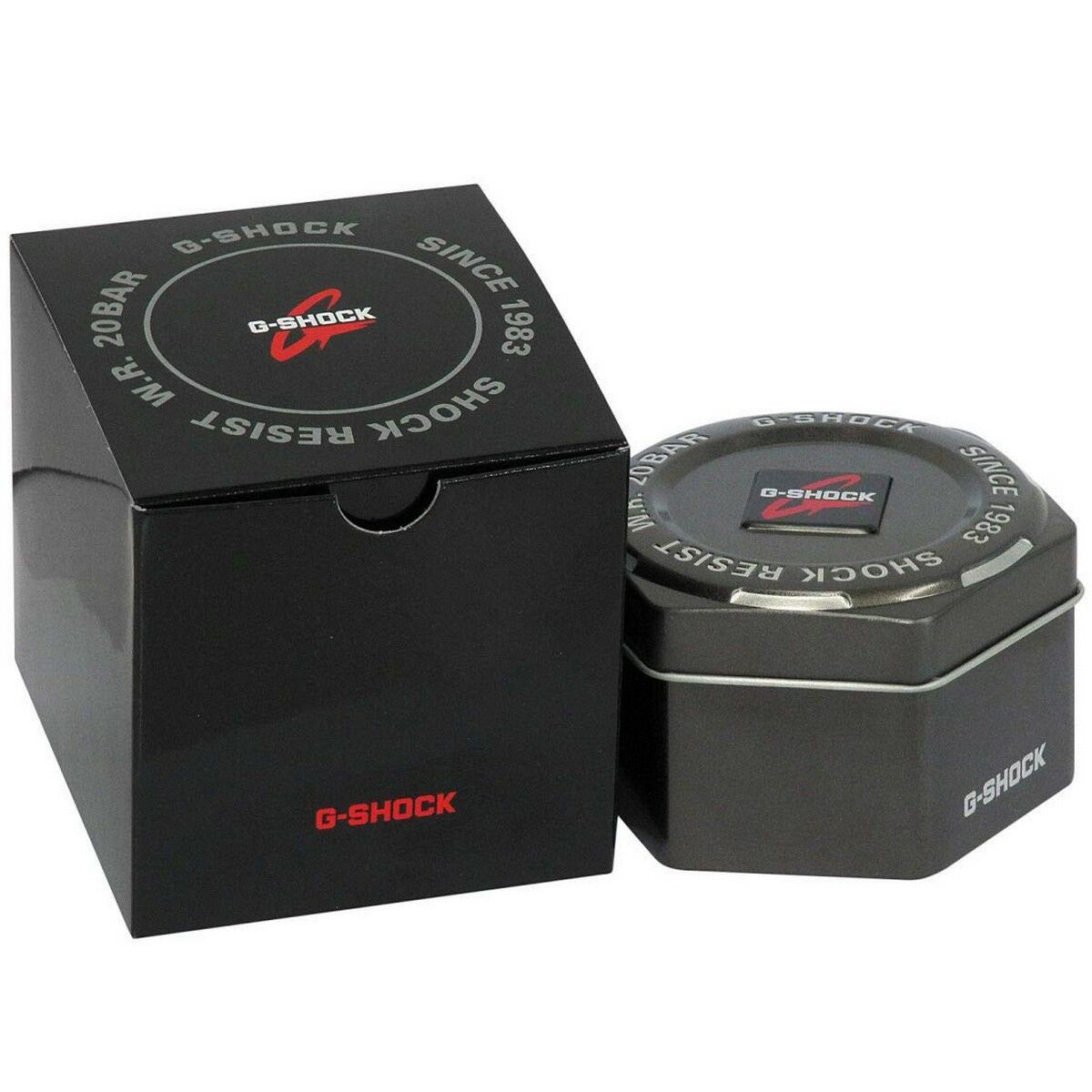 Boîte et montre Casio G-Shock noires, logo rouge sur le couvercle