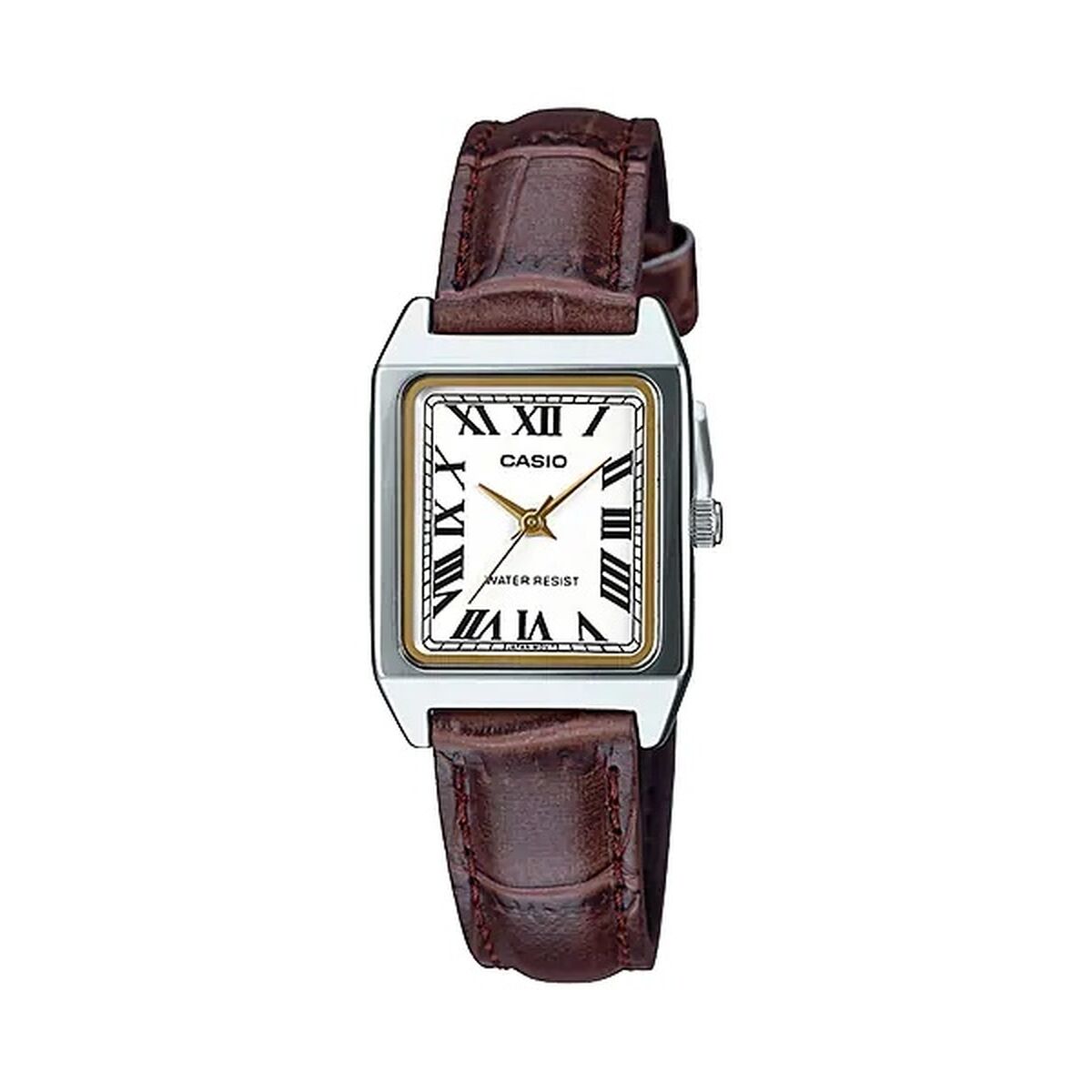 Montre Casio pour femme avec bracelet en cuir brun et cadran rectangulaire noir