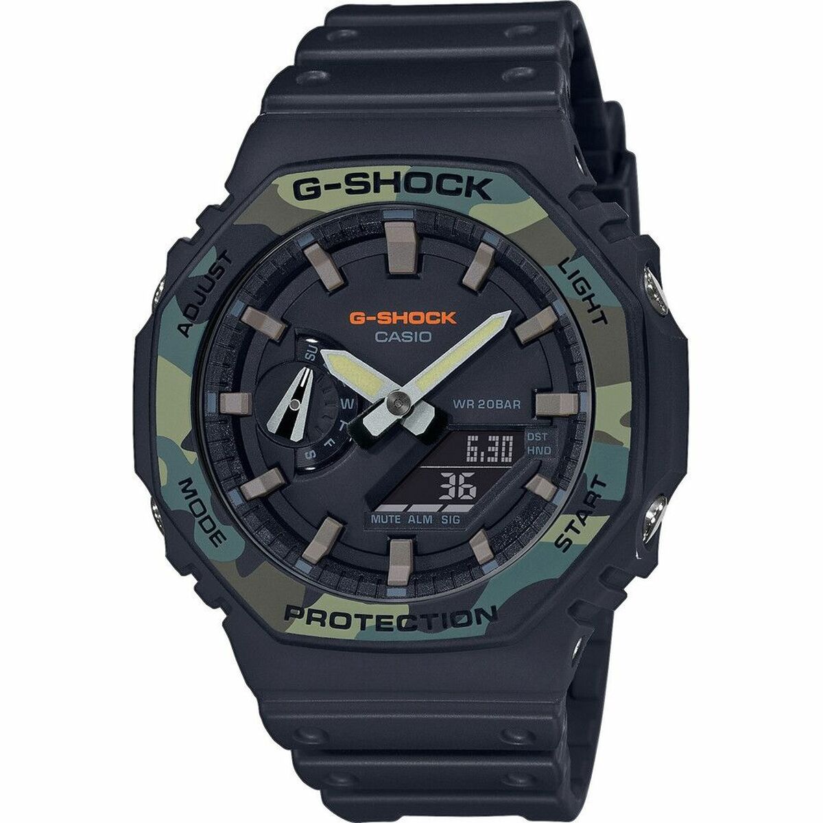 Montre G-Shock homme à bracelet en résine bleu foncé, cadran camouflage vert et noir