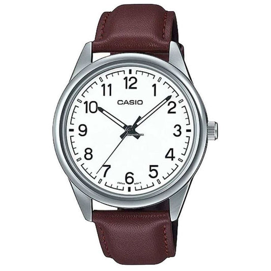 Montre-bracelet Casio à cadran blanc, bracelet cuir bordeaux, boîtier argent Ø40 mm