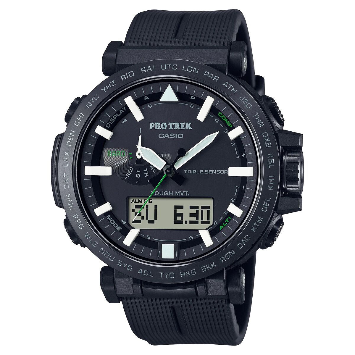Montre Casio Pro Trek unisexe à bracelet en résine noire, cadran bleu foncé.