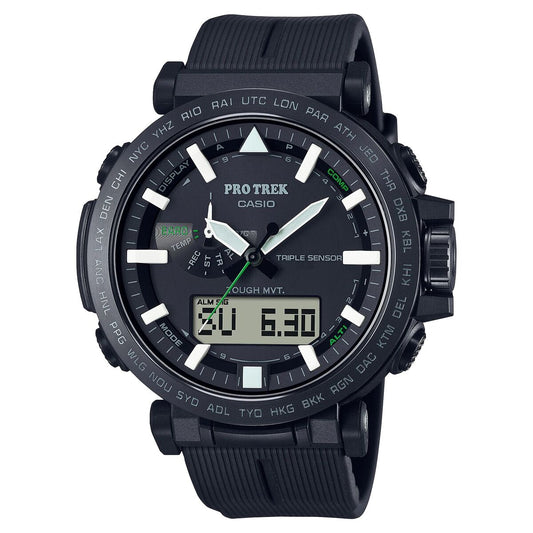Montre Casio Pro Trek unisexe à bracelet en résine noire, cadran bleu foncé.