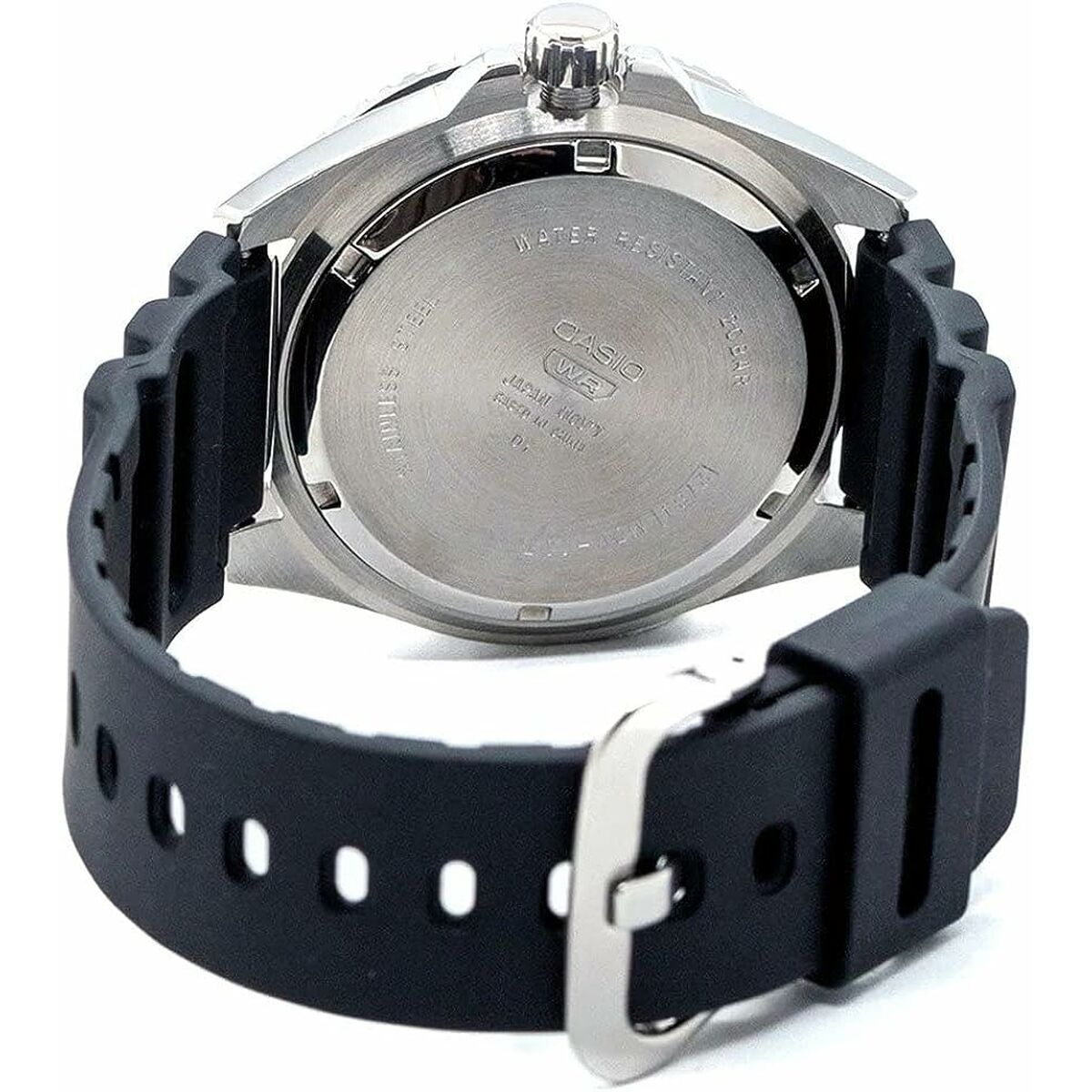 Montre diver vue de dos : fond acier et bracelet noir en caoutchouc