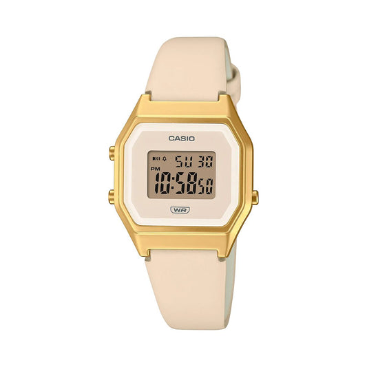 Montre Casio pour femme, bracelet beige, boîtier doré, cadran numérique rectangulaire.