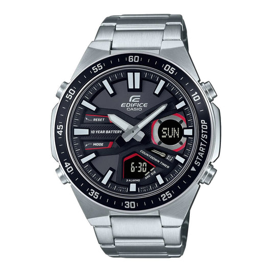 Montre Casio Edifice en acier, cadran noir avec chronographe et afficheur «SUN»