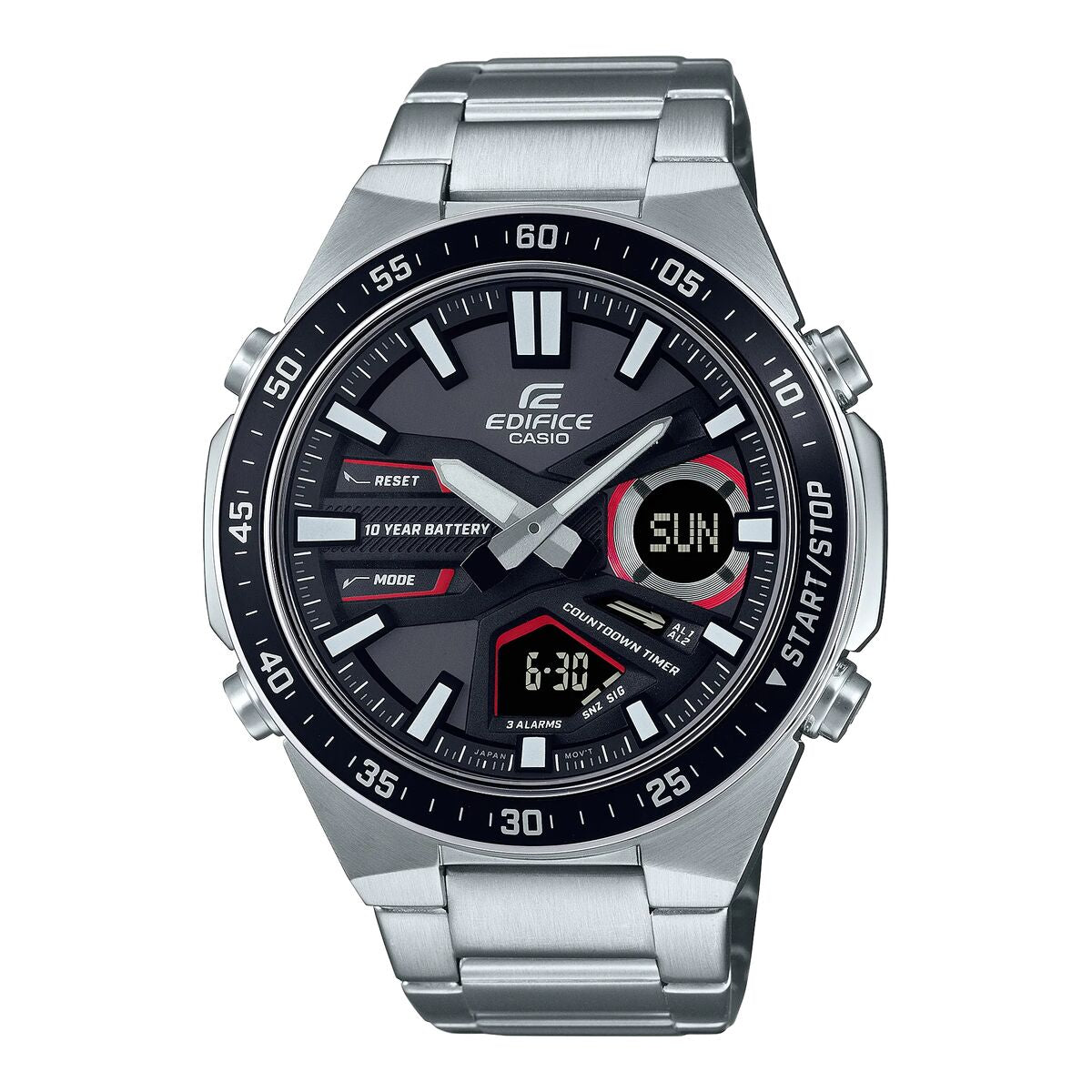 Montre Casio Edifice acier, cadran noir chronographe avec date «SUN»