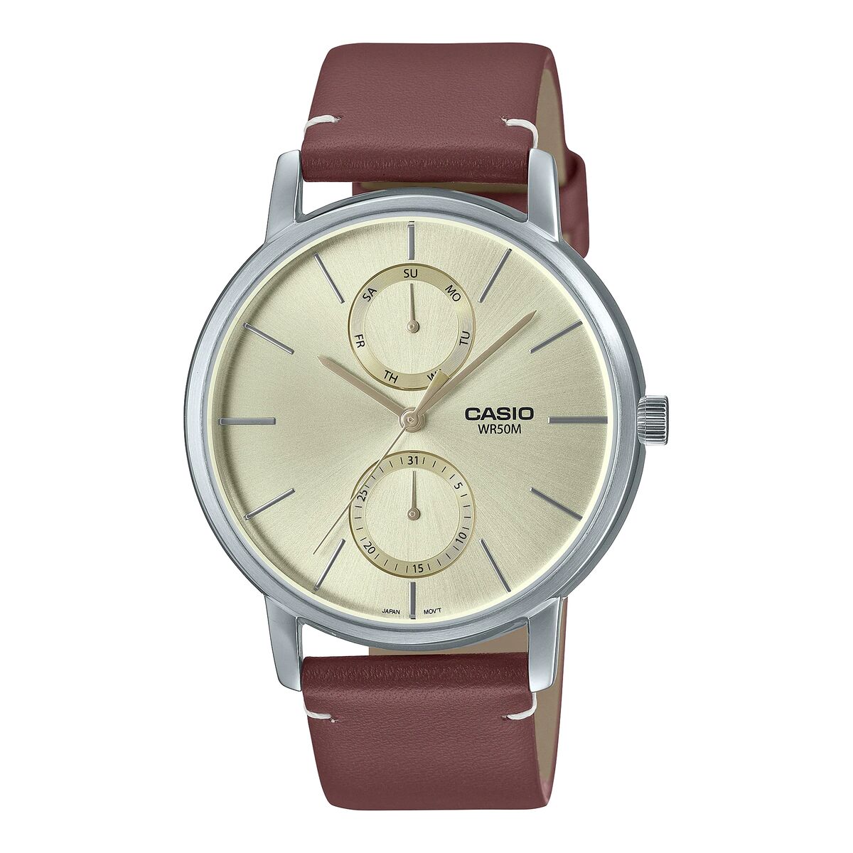 Montre Casio à bracelet cuir bordeaux, boîtier acier, cadran crème, aiguilles et date
