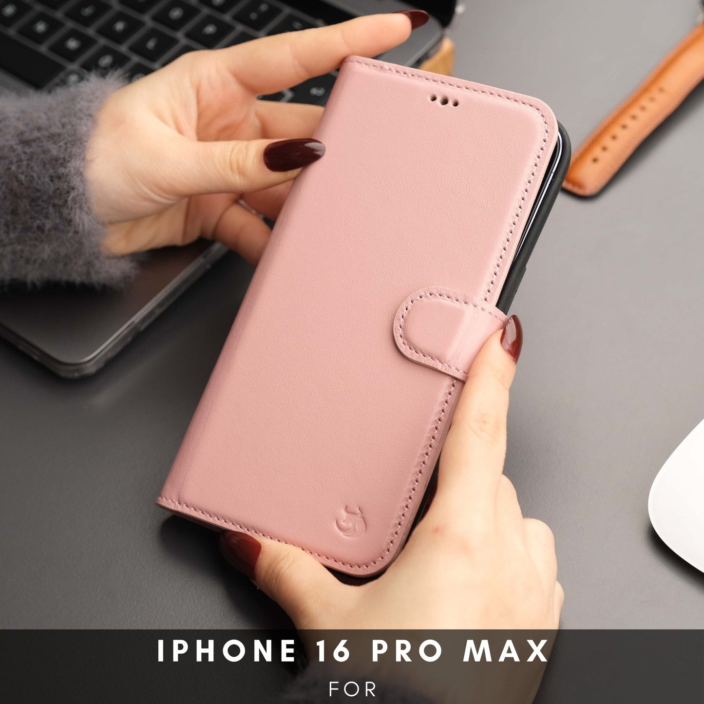 Coque portefeuille en cuir rose pour iPhone, rabat pliant avec fermeture