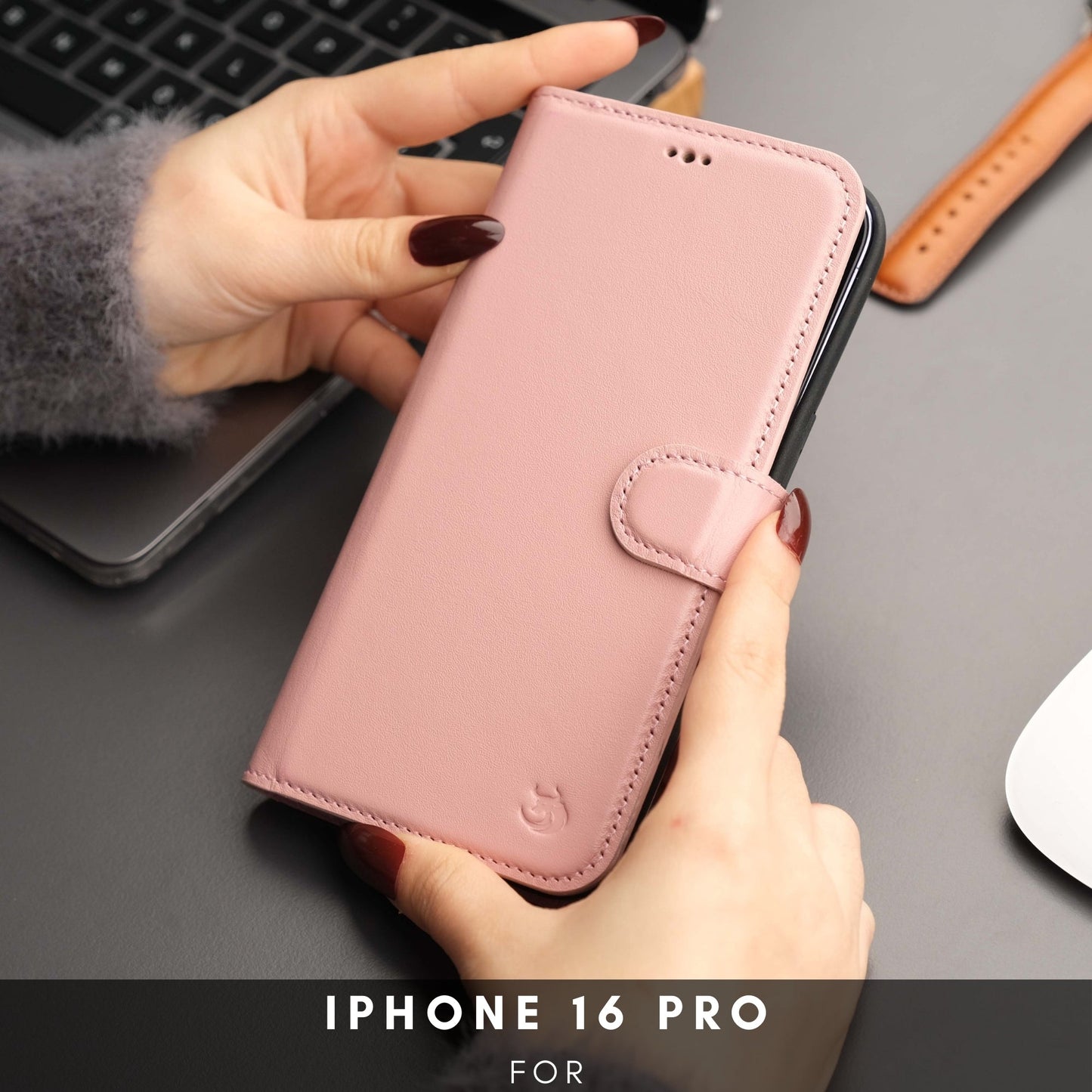 Coque portefeuille en cuir rose avec rabat et attache, pour téléphone