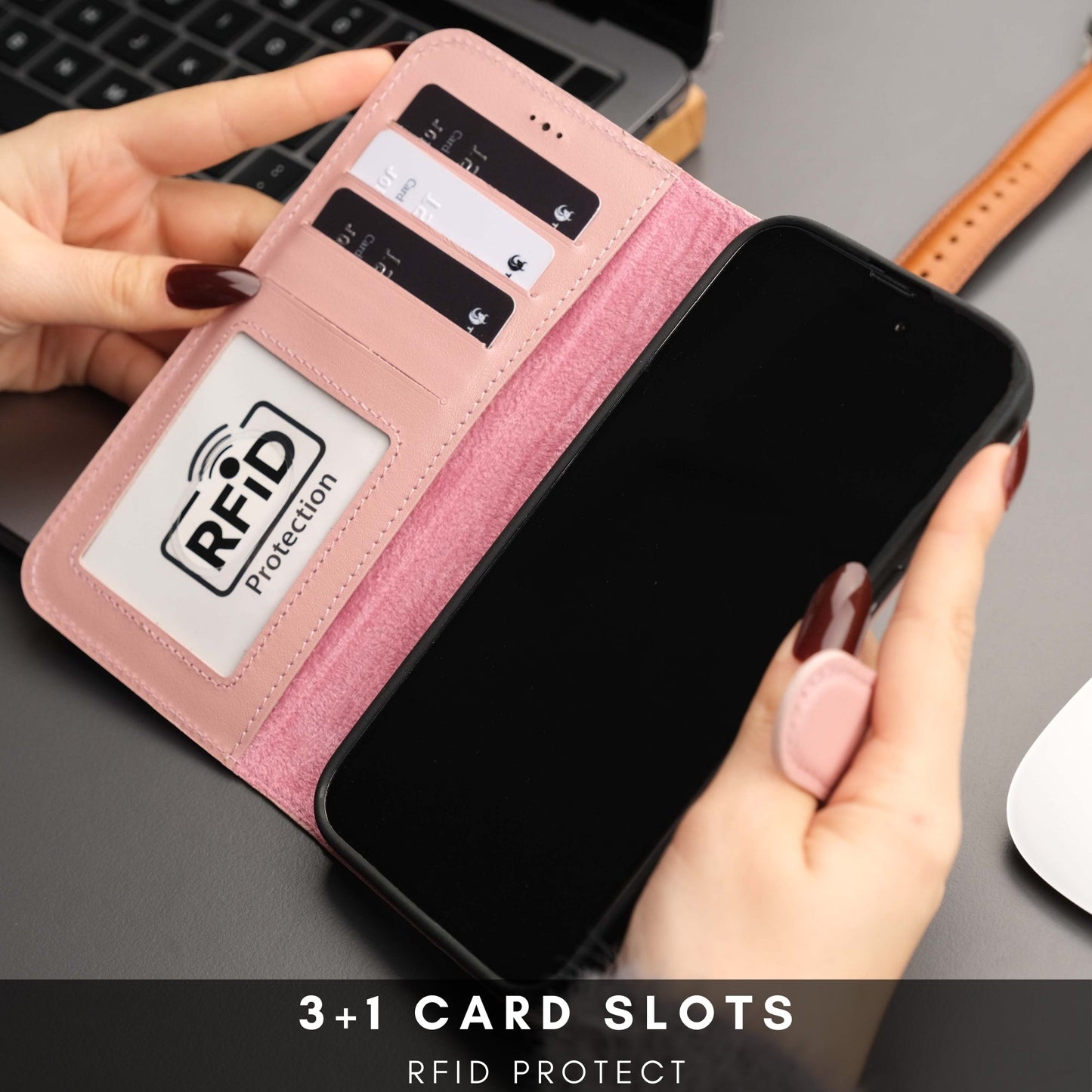 Coque portefeuille en cuir rose avec fenêtre RFID et emplacement cartes, rabat