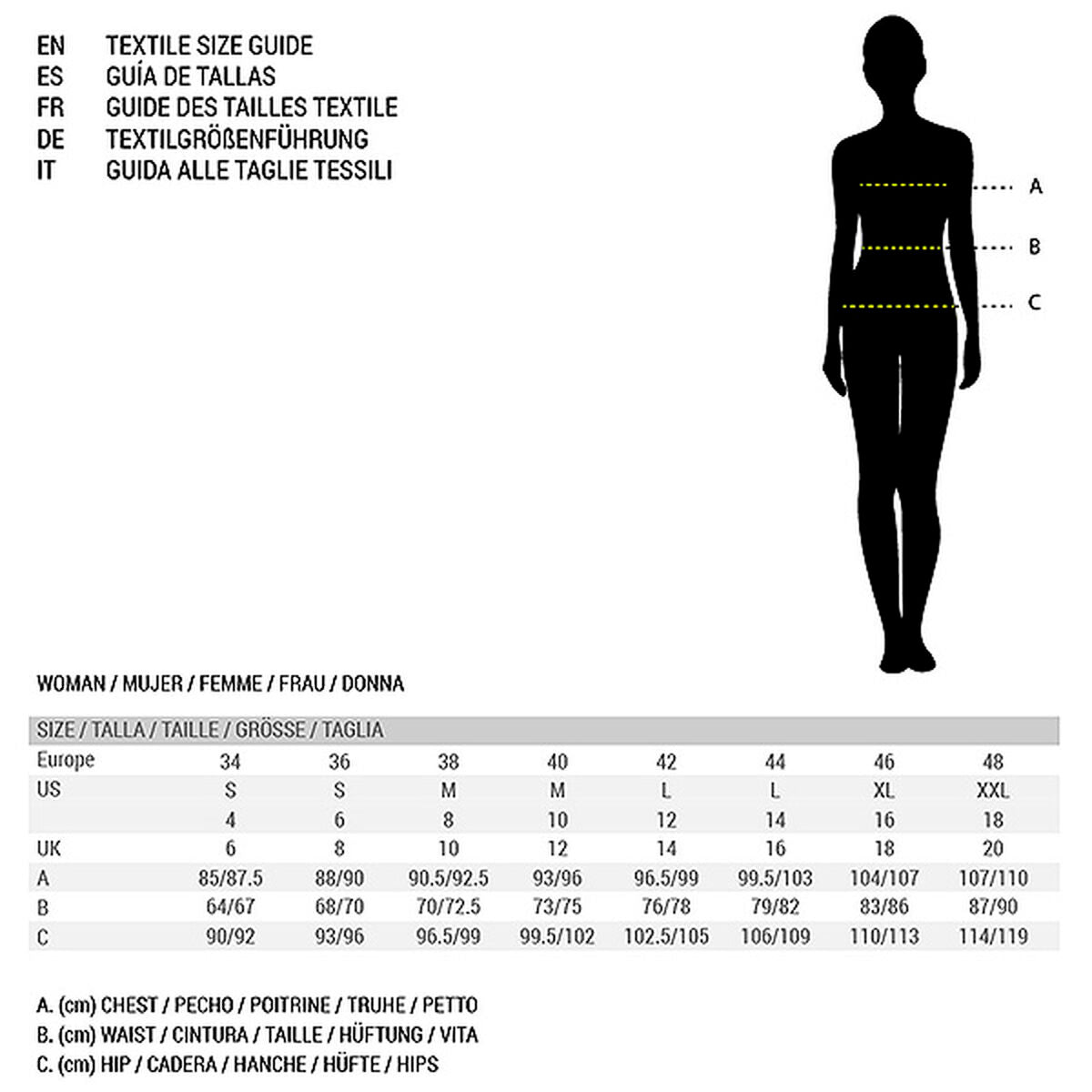 Guide des tailles : silhouette en legging noir avec repères de mesure A, B, C
