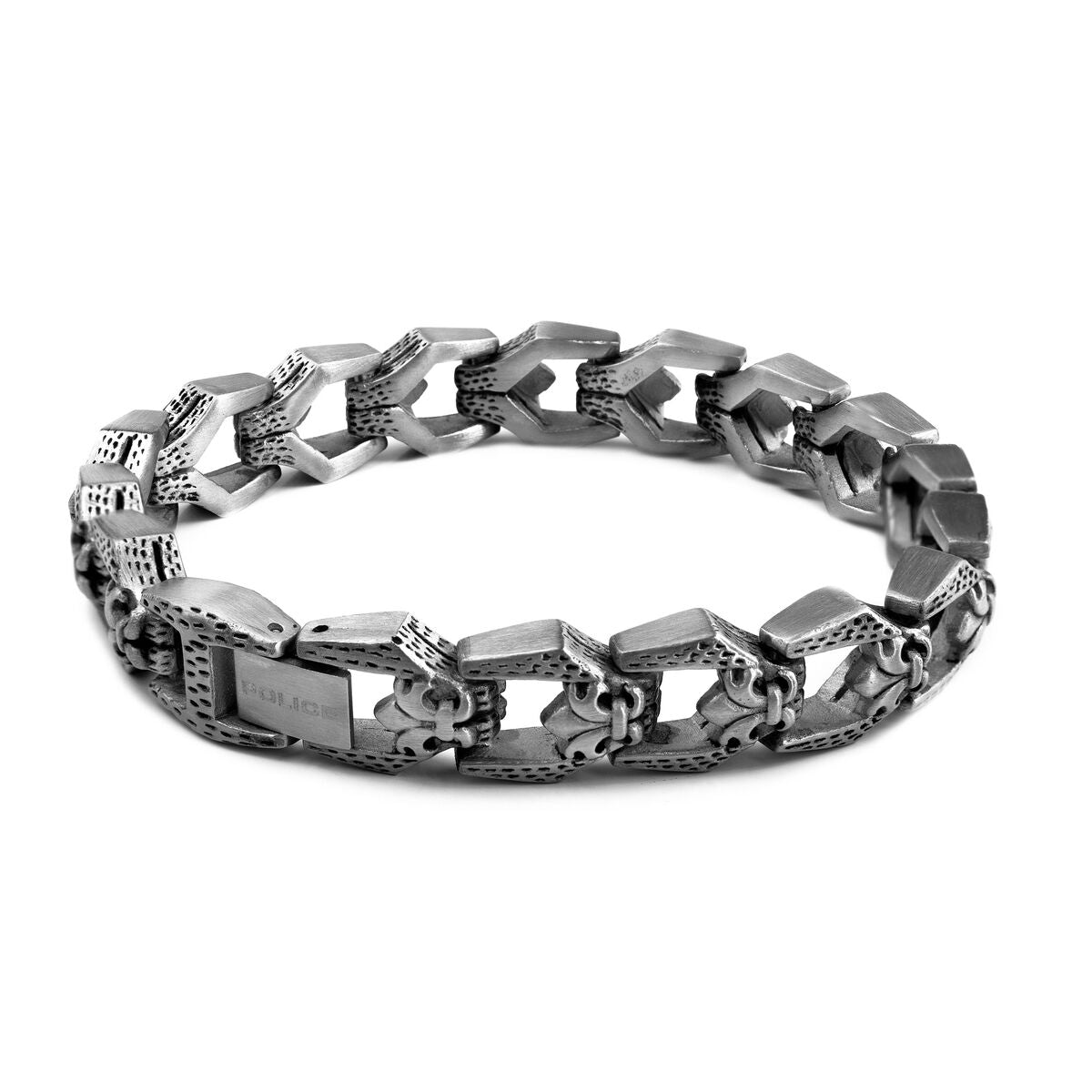 Bracelet homme en acier inoxydable gris, maillons à facettes et texture gravée